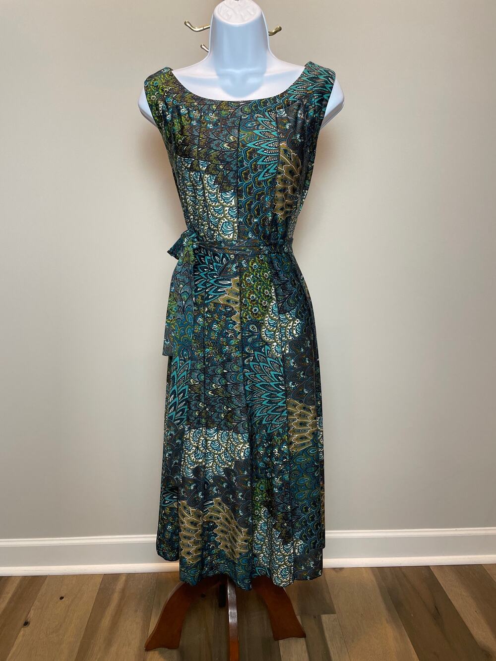 PerSeption Concept Boho Green Neutral Fit and Flare Dress with Belt Size L